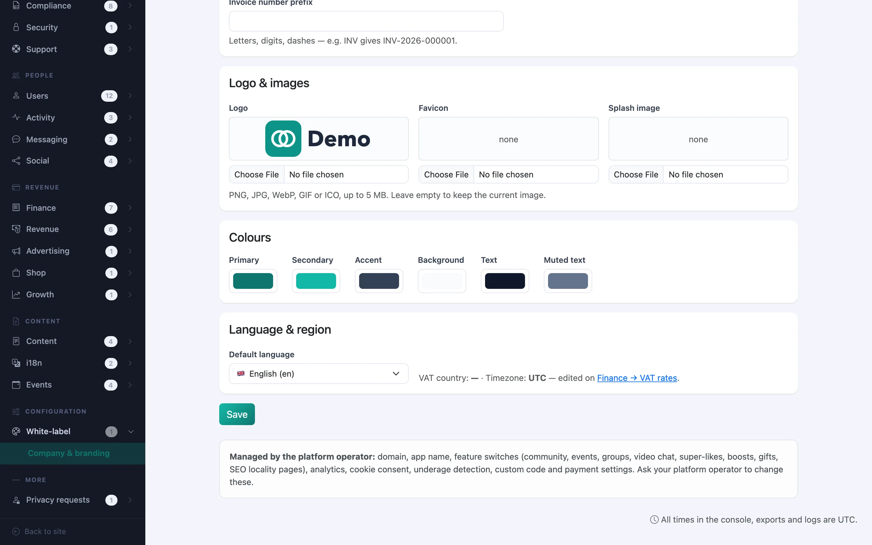 White-label branding & settings