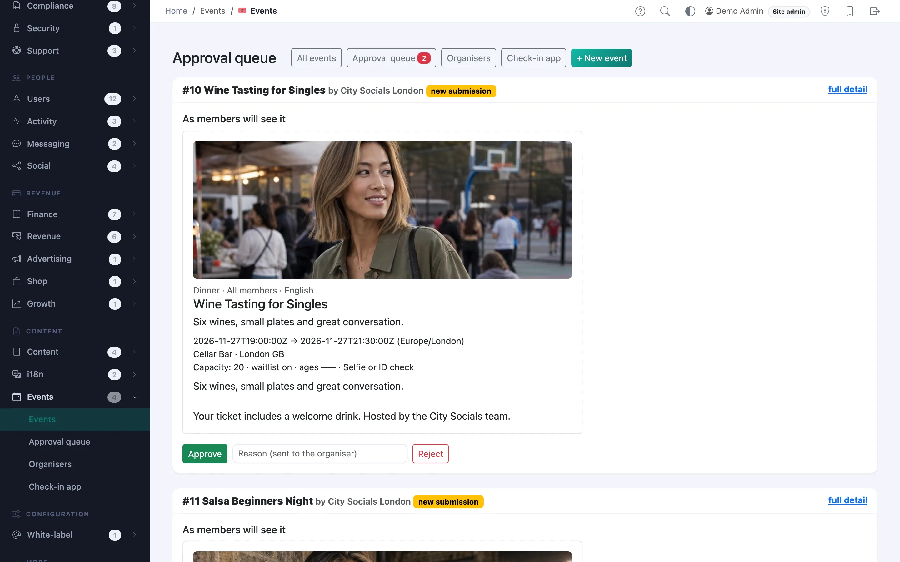 Event approval queue — organisers submit, you approve